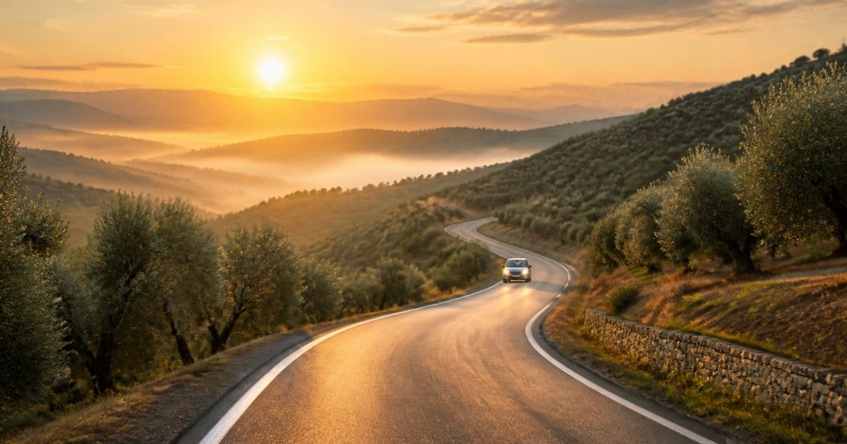 Carretera andaluza con niebla al amanecer y un coche con las luces de cruce encendidas