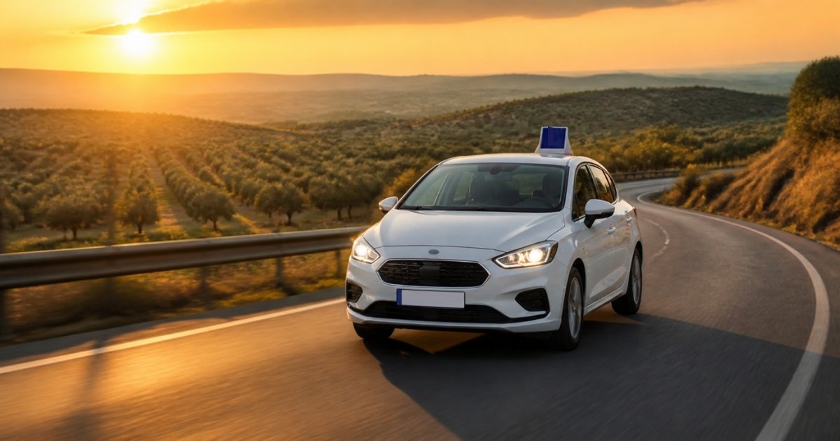 Coche de autoescuela con faros encendidos en una carretera andaluza al atardecer entre olivos