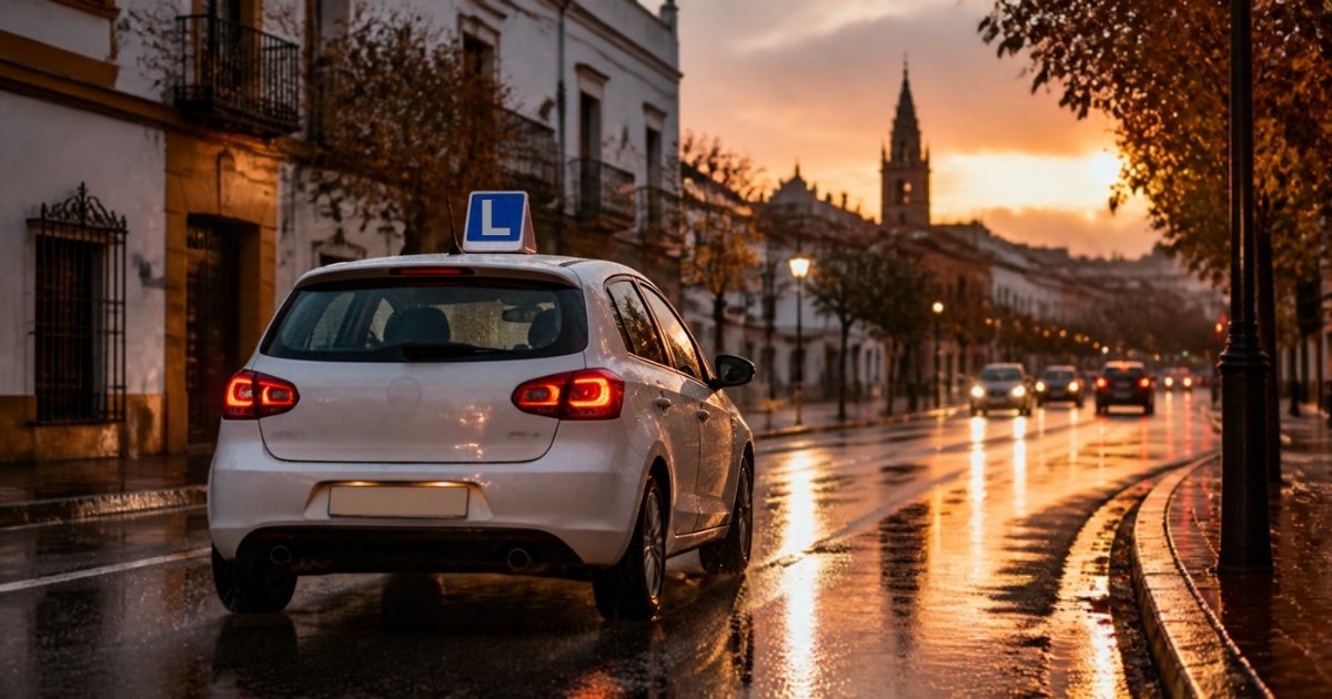 Coche de autoescuela con placa L circulando bajo la lluvia al atardecer