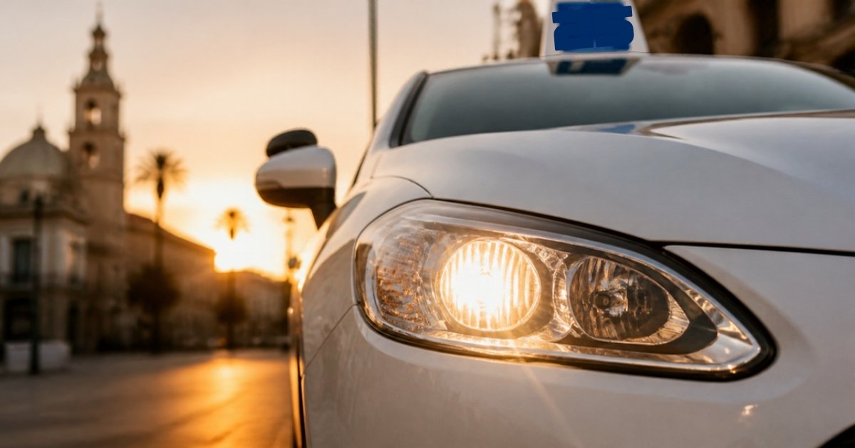 Faro encendido de un coche de autoescuela estacionado en una calle de Jerez al atardecer