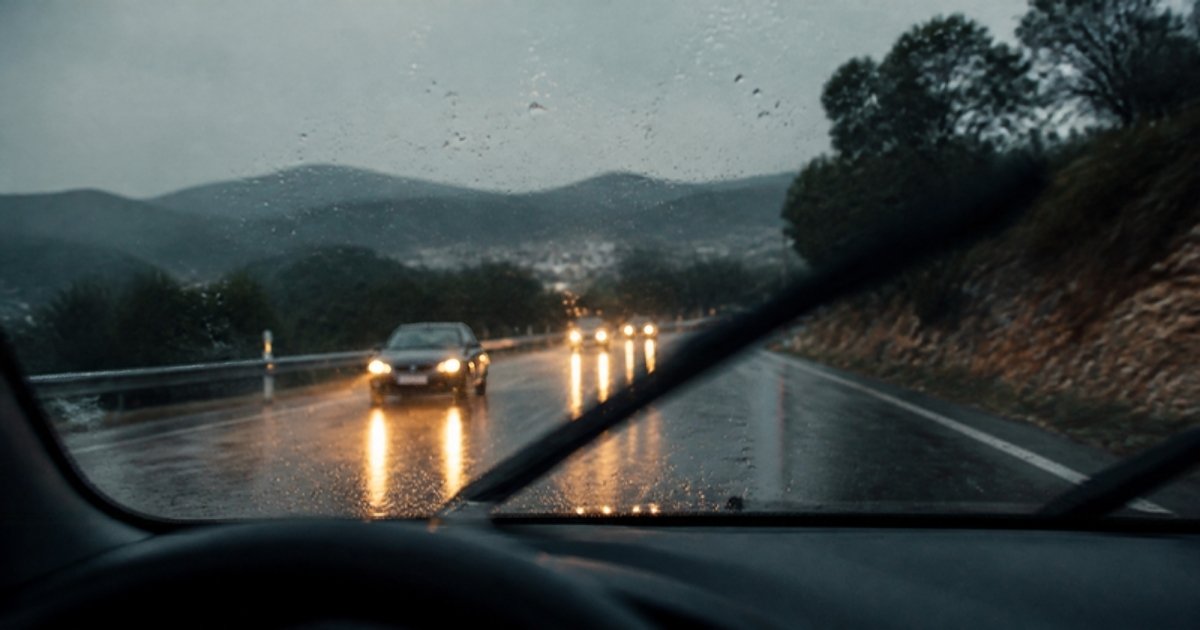 Limpiaparabrisas en marcha bajo la lluvia vistos desde el interior del coche