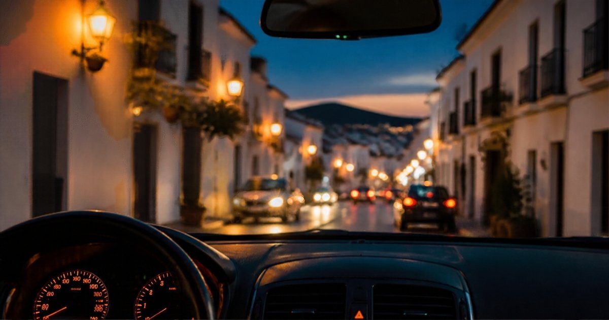 Vista desde el interior de un coche con el parabrisas limpio al anochecer en un pueblo blanco andaluz